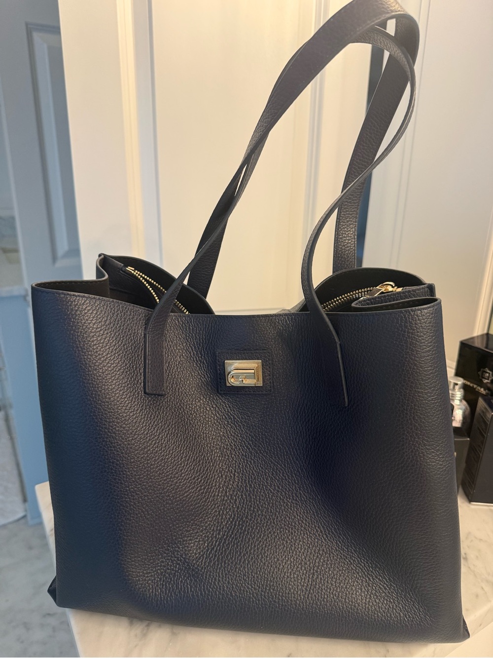 Furla Goccia Tote Navy 100% Italian Leather Tote Bag with Gold Accent